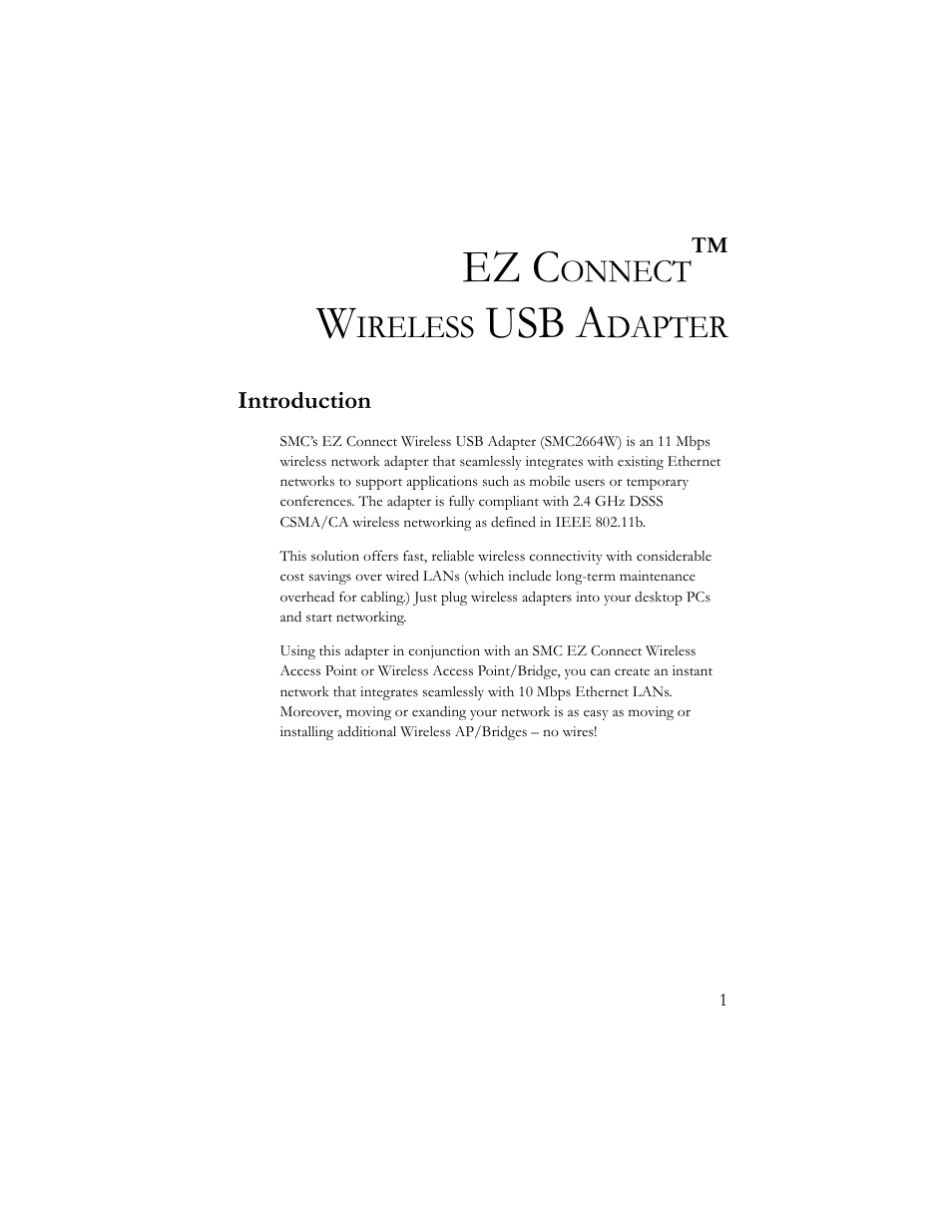 Ez connect™ wirelessusb adapter, Introduction, Ez connect™ wireless usb adapter | Ez c, Usb a | SMC Networks SMC2664W User Manual | Page 11 / 60