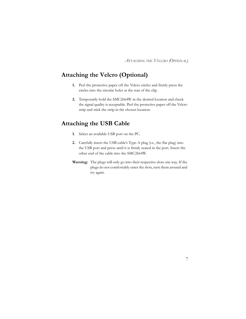 Attaching the velcro (optional), Attaching the usb cable | SMC Networks SMC2664W User Manual | Page 17 / 60