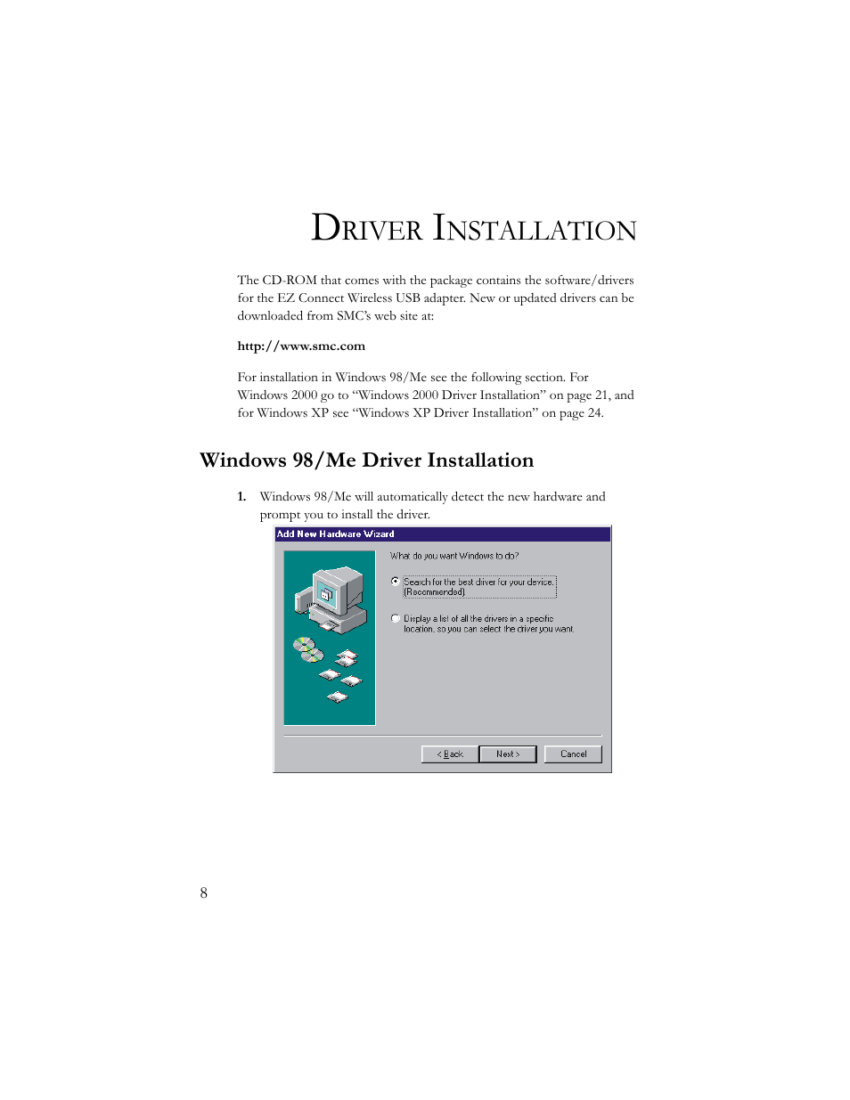 Driver installation, Windows 98/me driver installation, River | Nstallation | SMC Networks SMC2664W User Manual | Page 18 / 60