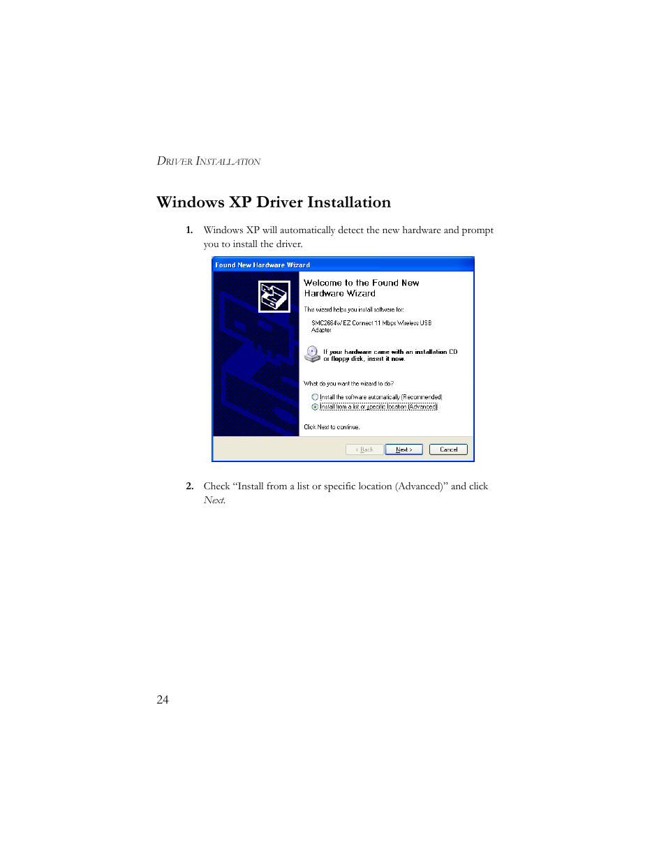 Windows xp driver installation | SMC Networks SMC2664W User Manual | Page 34 / 60