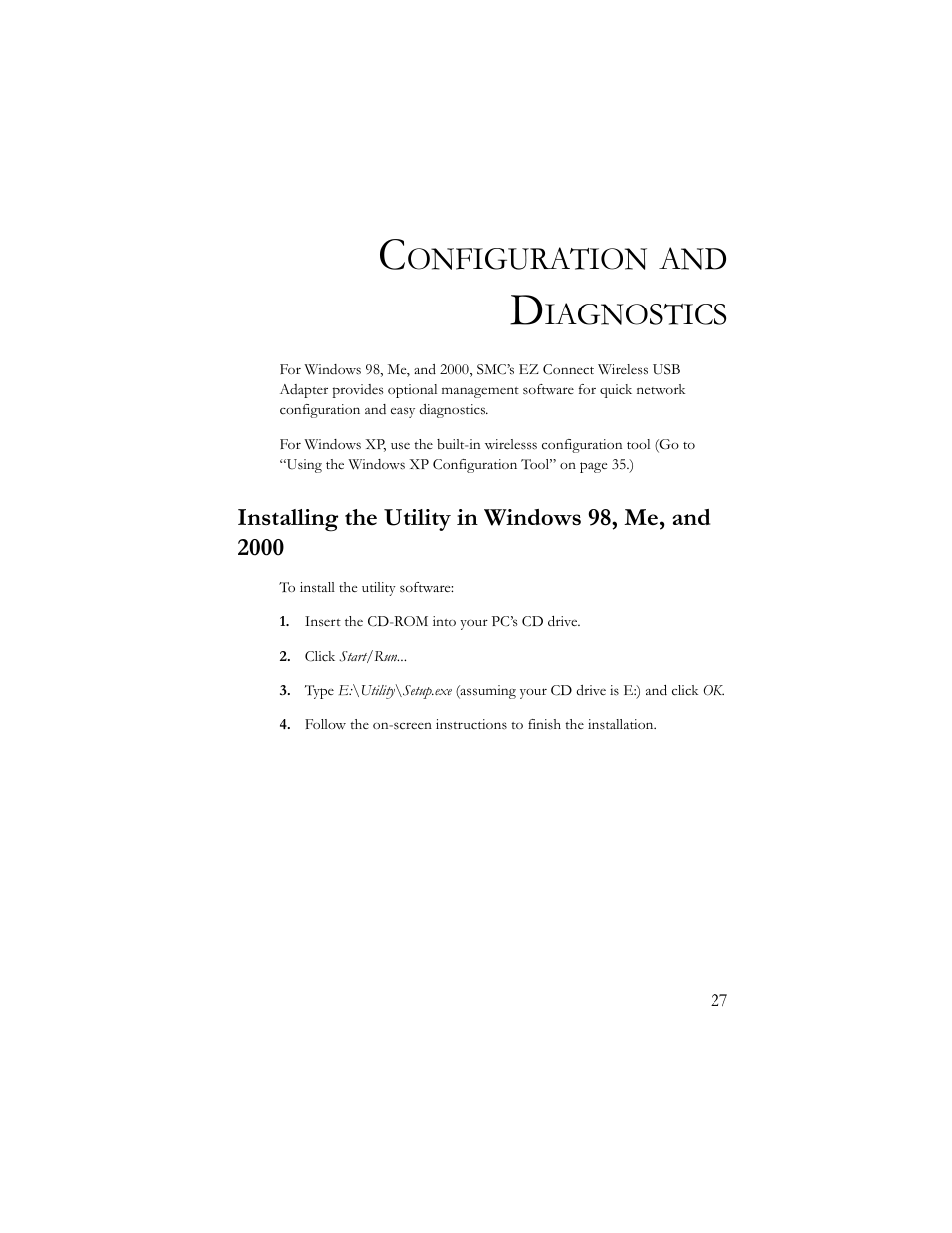 Configuration and diagnostics, Installing the utility in windows 98, me, and 2000, Onfiguration | Iagnostics | SMC Networks SMC2664W User Manual | Page 37 / 60