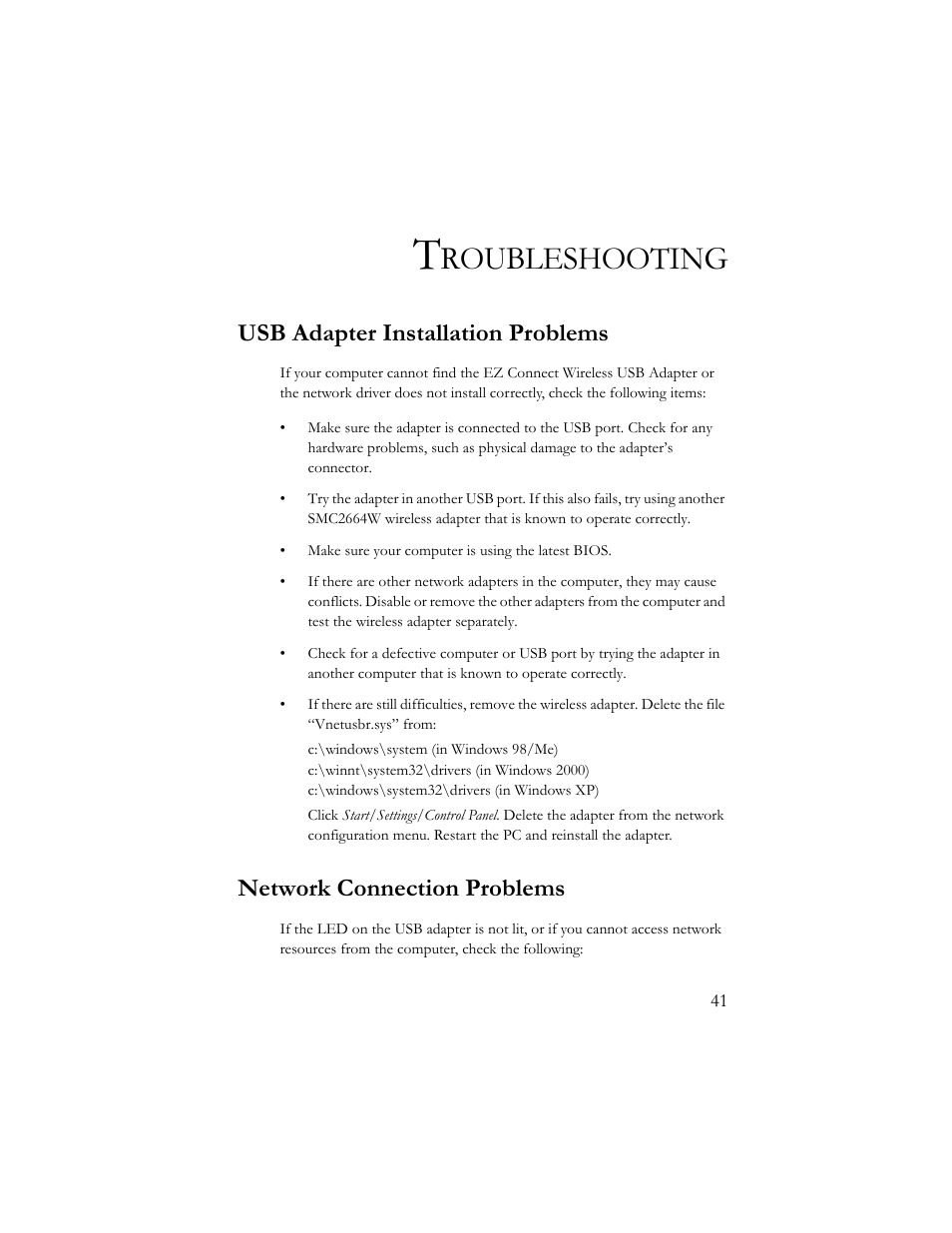 Troubleshooting, Usb adapter installation problems, Network connection problems | Roubleshooting | SMC Networks SMC2664W User Manual | Page 51 / 60