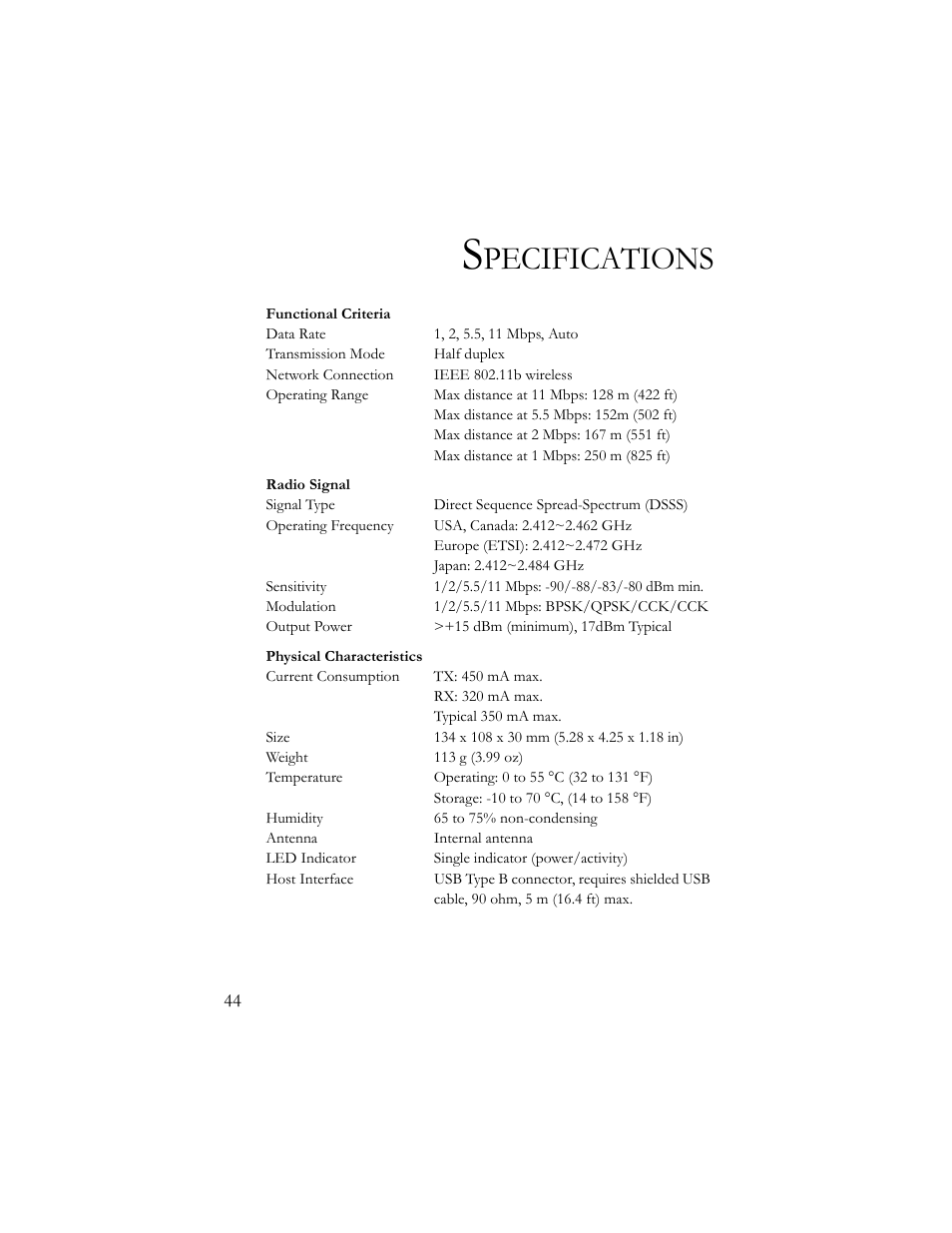 Specifications, Pecifications | SMC Networks SMC2664W User Manual | Page 54 / 60