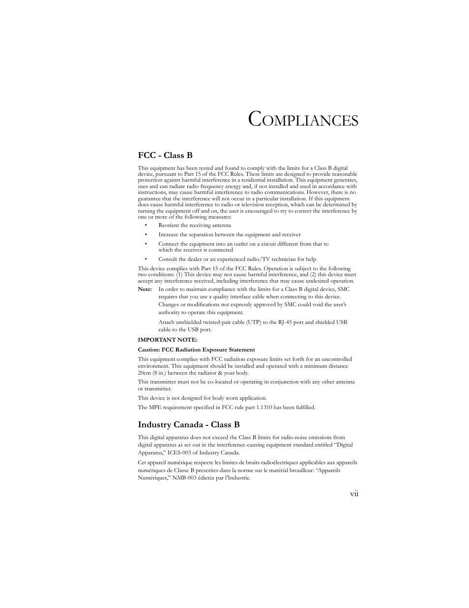 Ompliances, Fcc - class b, Industry canada - class b | SMC Networks SMC2664W User Manual | Page 7 / 60