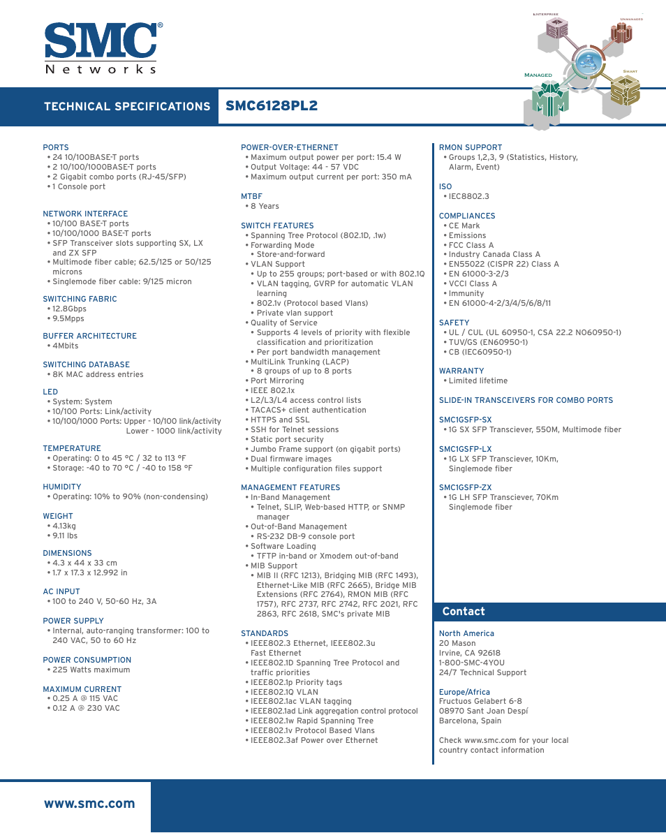 Technical specifications, Contact | SMC Networks SMC TigerStack 100 User Manual | Page 2 / 2