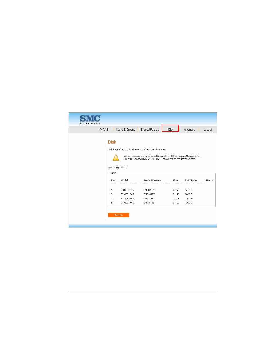 6 disk page, 7 advanced page | SMC Networks SMCNAS04 User Manual | Page 56 / 82
