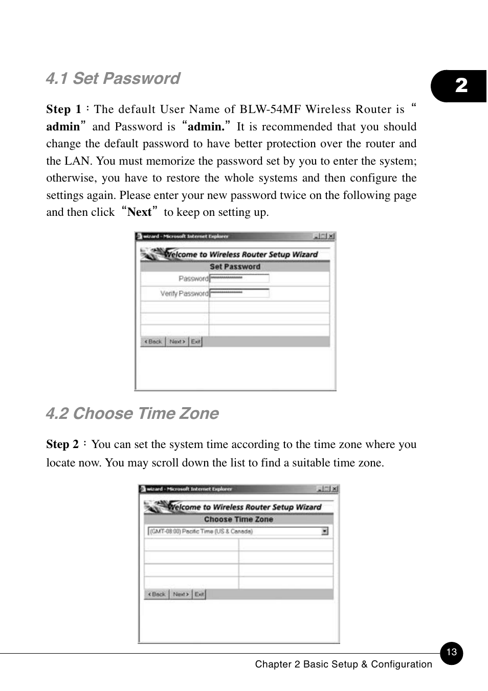 1 set password, 2 choose time zone | SMC Networks BLW-54MF User Manual | Page 18 / 78