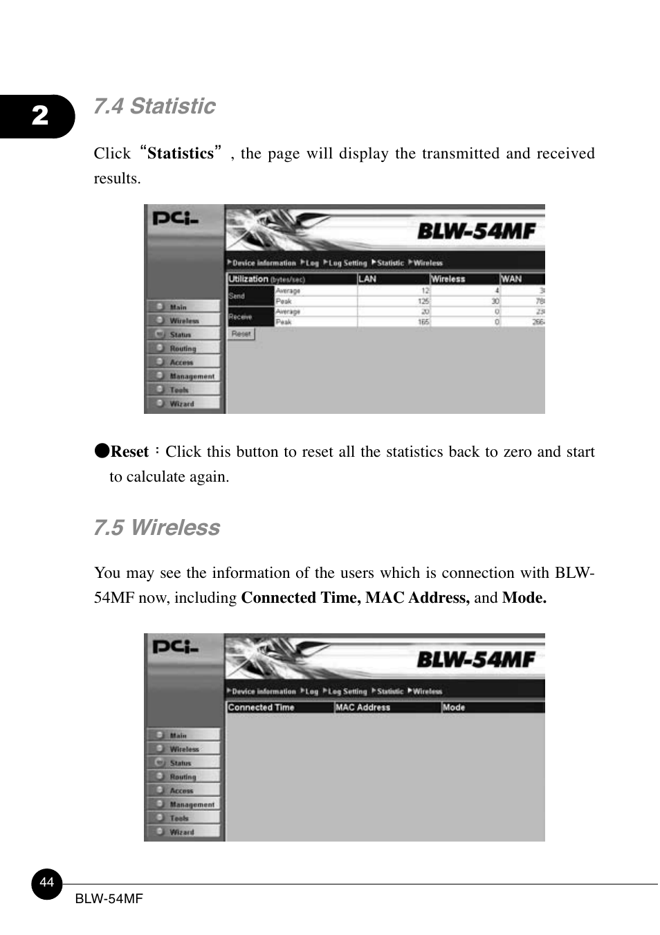 4 statistic, 5 wireless | SMC Networks BLW-54MF User Manual | Page 49 / 78