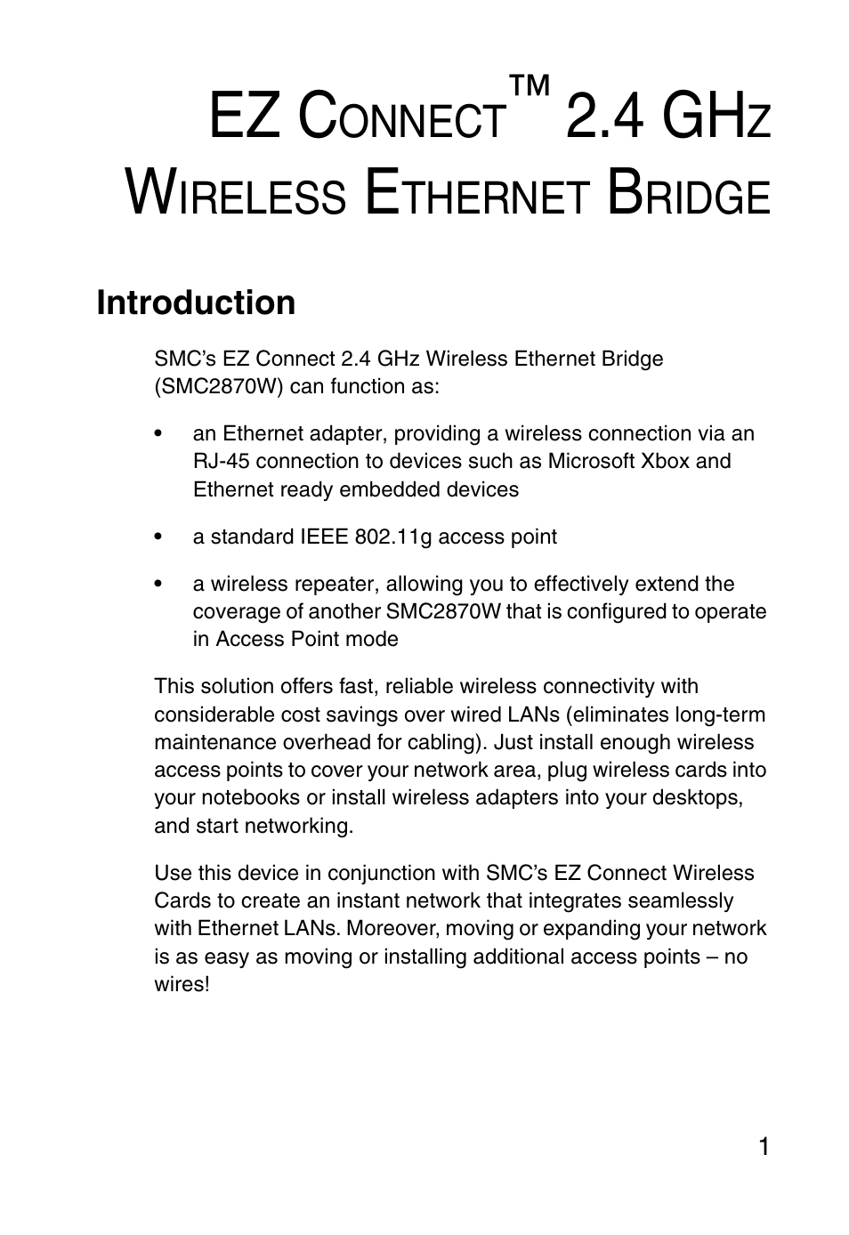 Ez connect™ 2.4 ghz wireless ethernet bridge, Introduction, Ez connect™ 2.4 ghz wireless ethernet | Bridge, Ez c, 4 gh, Onnect, Ireless, Thernet, Ridge | SMC Networks SMC2870W User Manual | Page 13 / 74