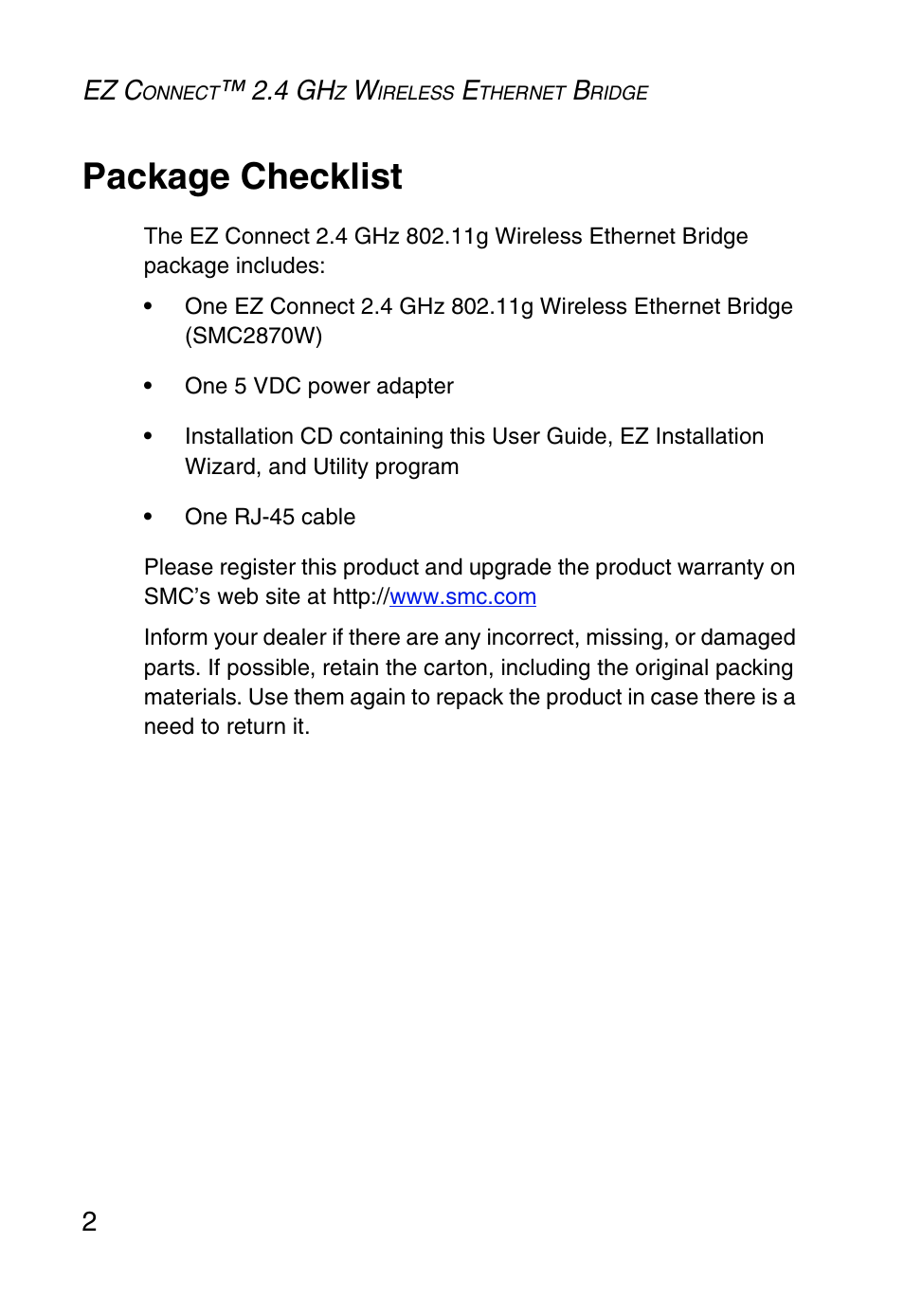 Package checklist, Ez c, 4 gh | SMC Networks SMC2870W User Manual | Page 14 / 74