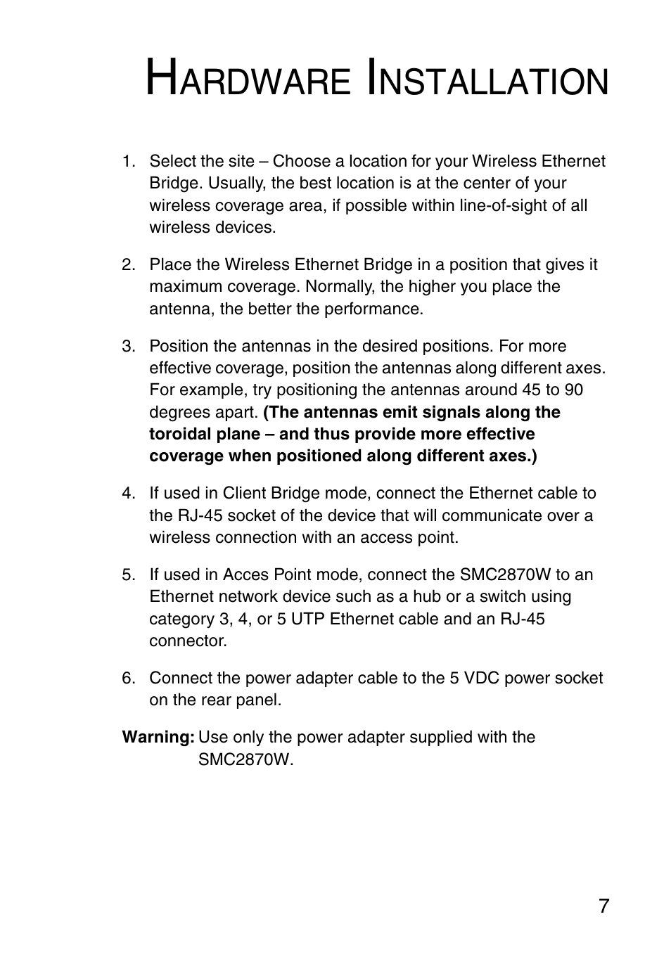 Hardware installation, Ardware, Nstallation | SMC Networks SMC2870W User Manual | Page 19 / 74