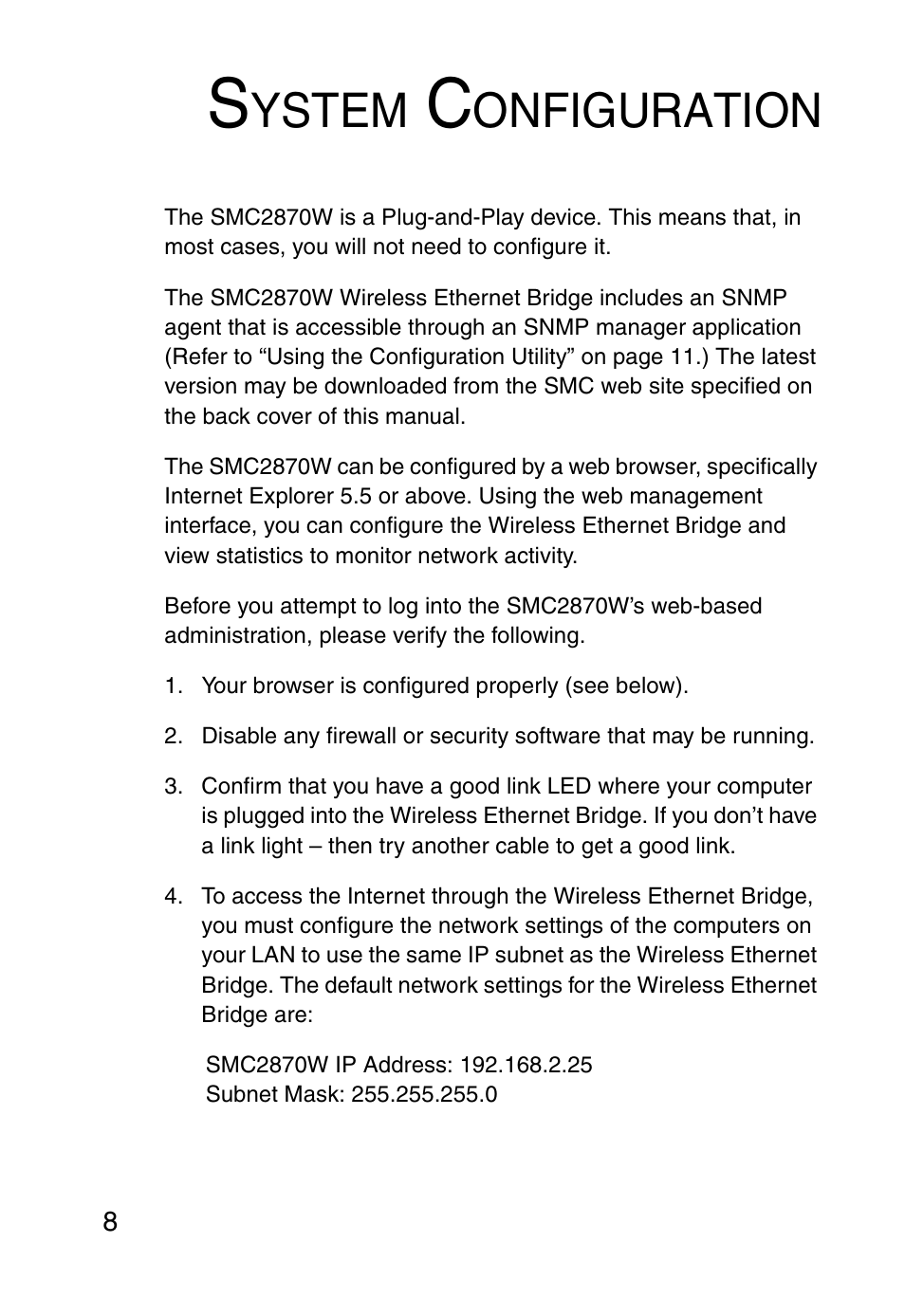 System configuration, Ystem, Onfiguration | SMC Networks SMC2870W User Manual | Page 20 / 74