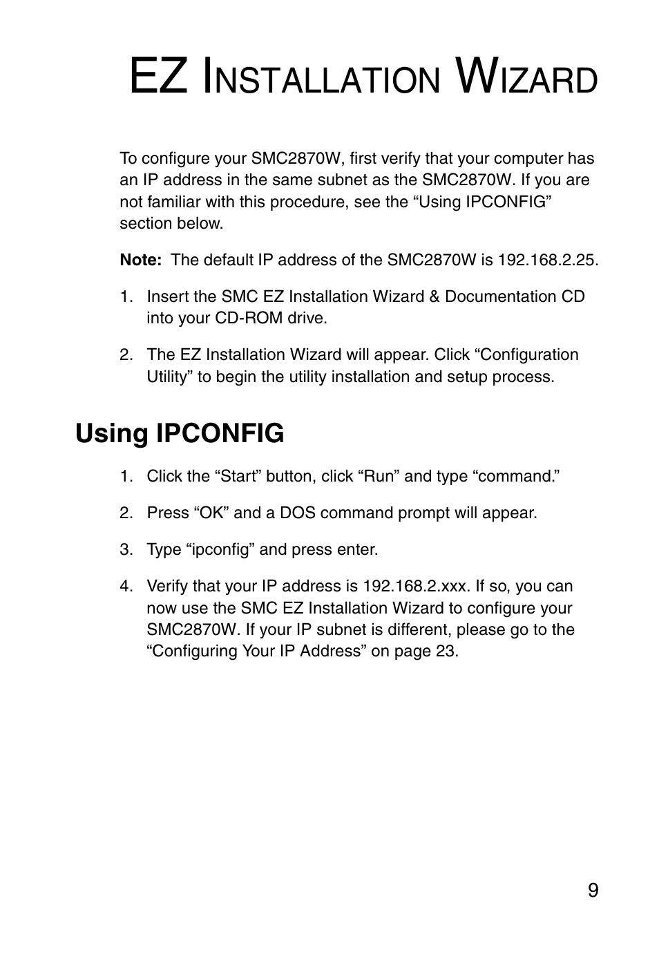Ez installation wizard, Using ipconfig, Ez i | Nstallation, Izard | SMC Networks SMC2870W User Manual | Page 21 / 74