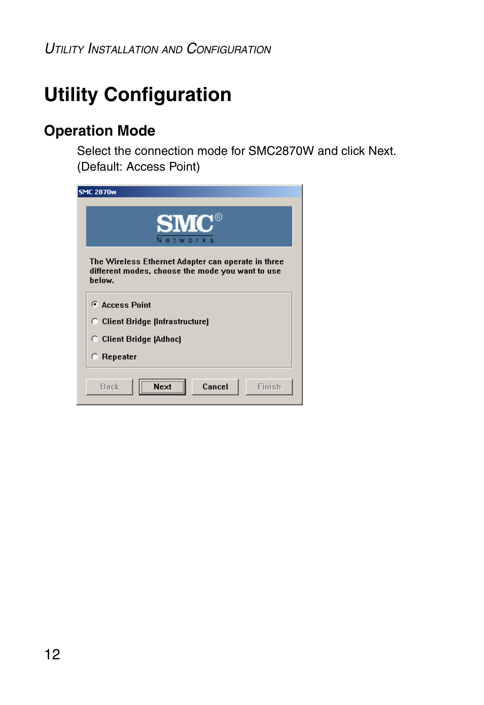 Utility configuration, Operation mode | SMC Networks SMC2870W User Manual | Page 24 / 74