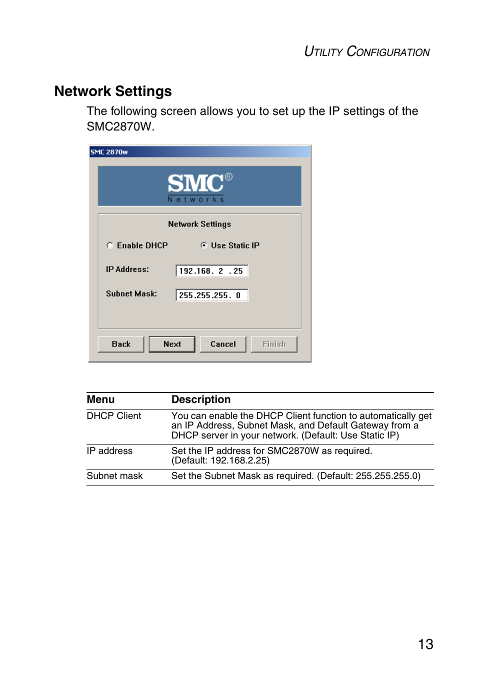 Network settings, 13 network settings | SMC Networks SMC2870W User Manual | Page 25 / 74