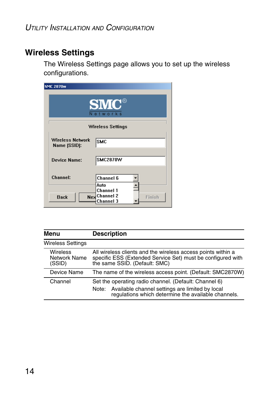 Wireless settings, 14 wireless settings | SMC Networks SMC2870W User Manual | Page 26 / 74