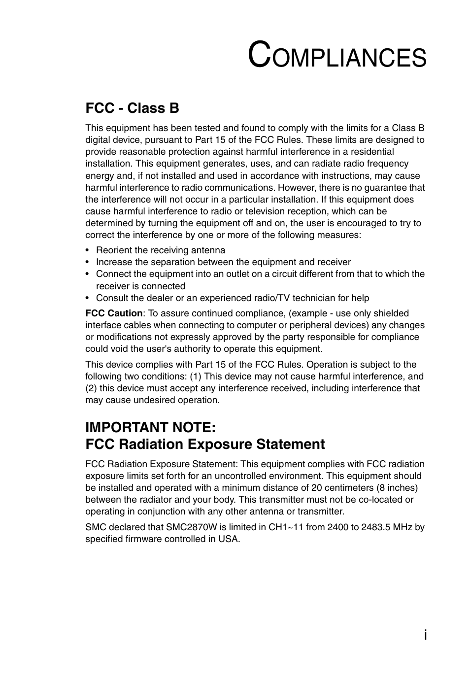 Ompliances | SMC Networks SMC2870W User Manual | Page 5 / 74