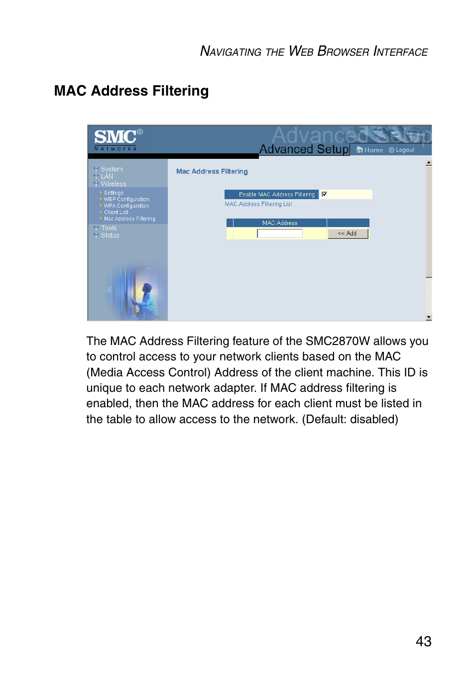 Mac address filtering, 43 mac address filtering | SMC Networks SMC2870W User Manual | Page 55 / 74