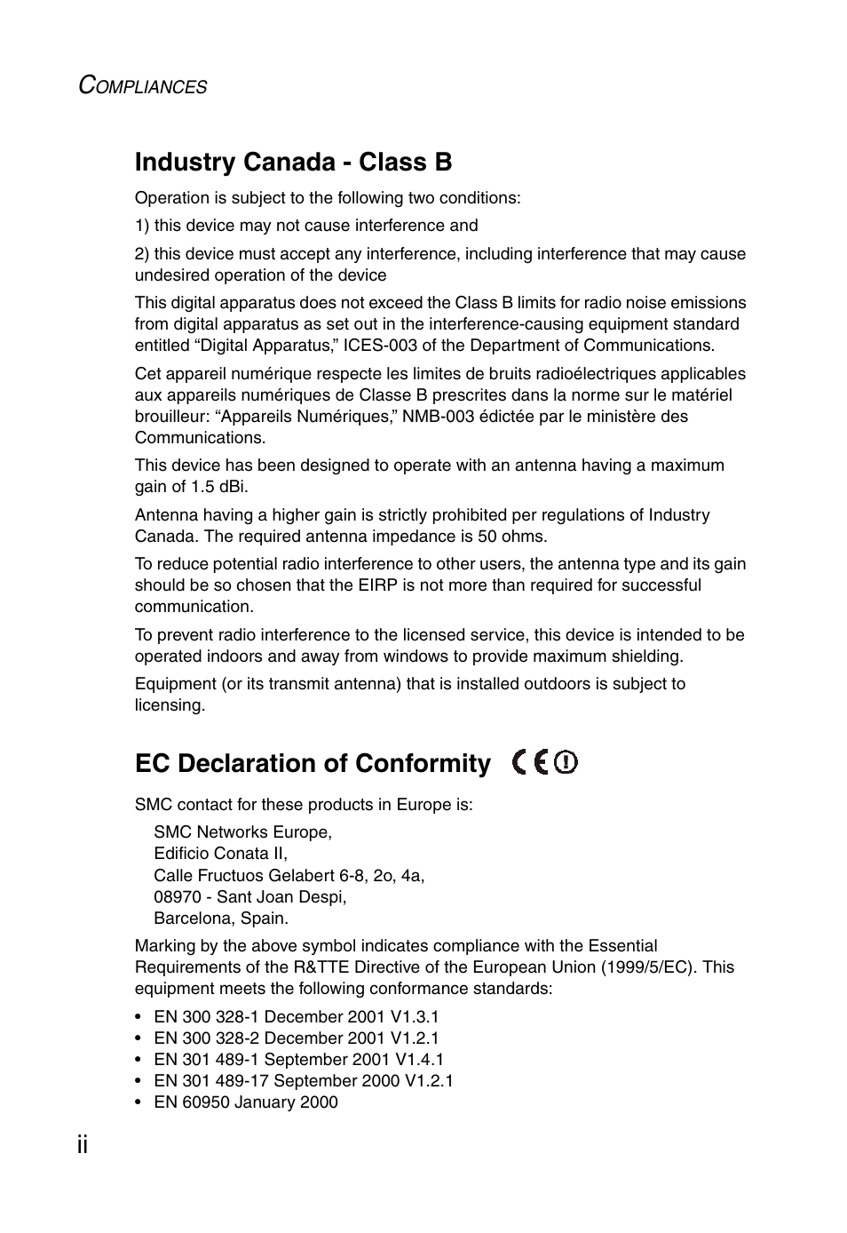 Ii industry canada - class b, Ec declaration of conformity | SMC Networks SMC2870W User Manual | Page 6 / 74