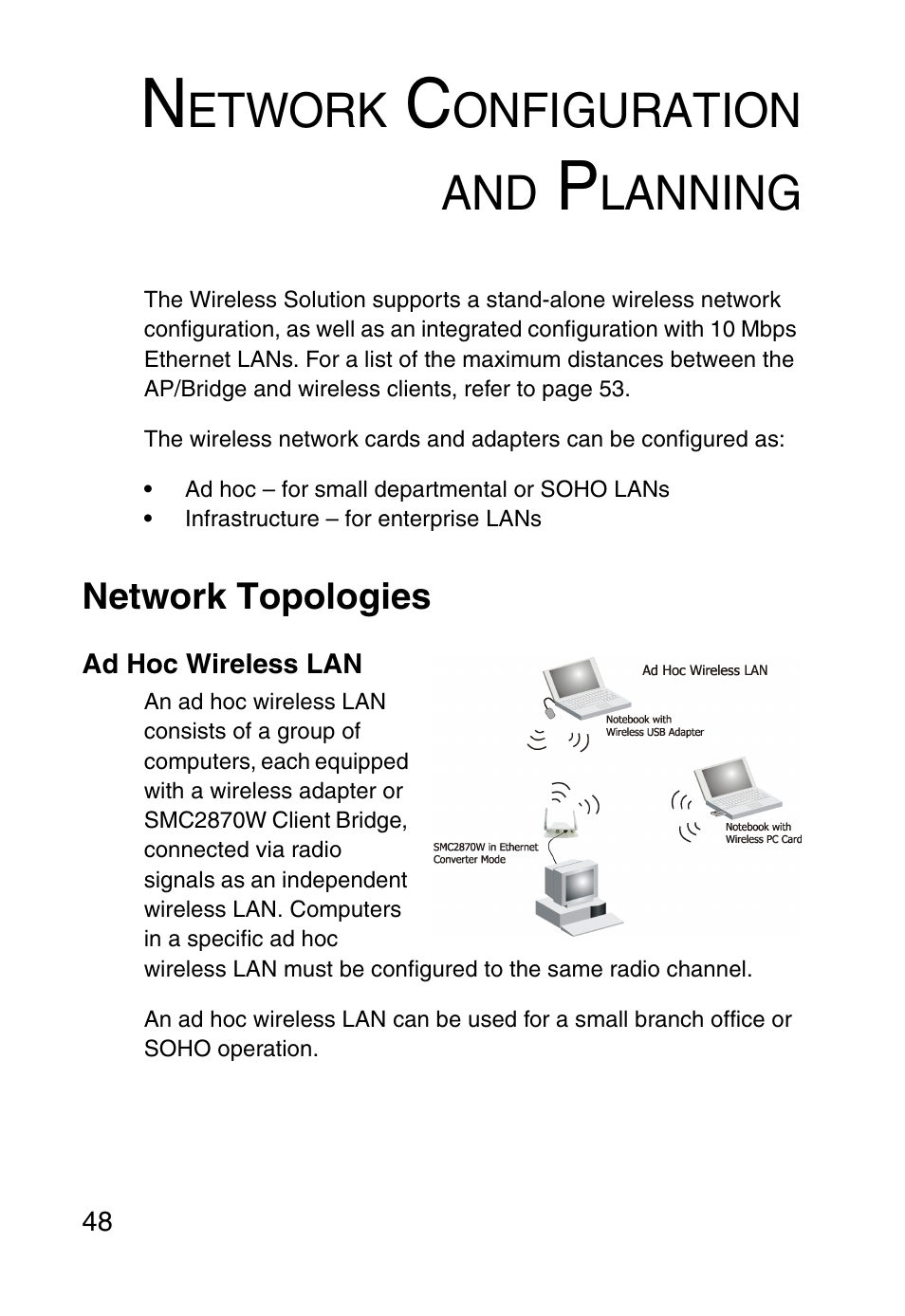 Network configuration and planning, Network topologies, Ad hoc wireless lan | Etwork, Onfiguration and, Lanning | SMC Networks SMC2870W User Manual | Page 60 / 74
