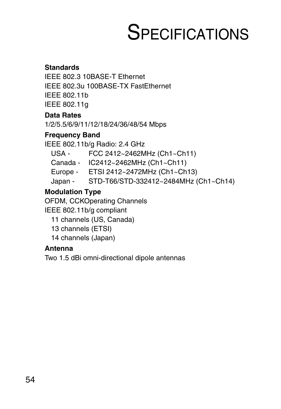 Specifications, Pecifications | SMC Networks SMC2870W User Manual | Page 66 / 74