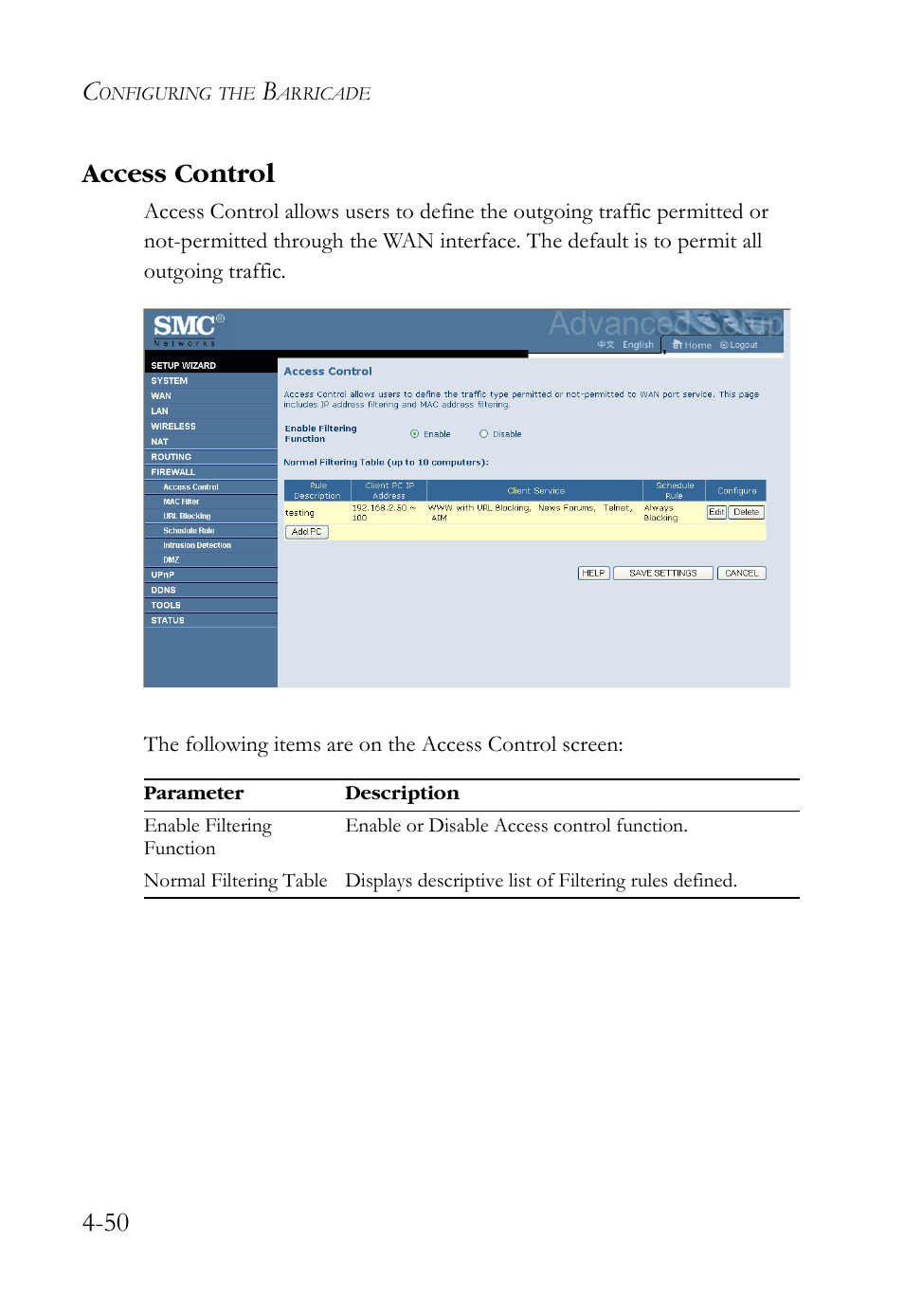 Access control, Access control -50, 50 access control | SMC Networks SMCWBR14S-N2 User Manual | Page 102 / 136