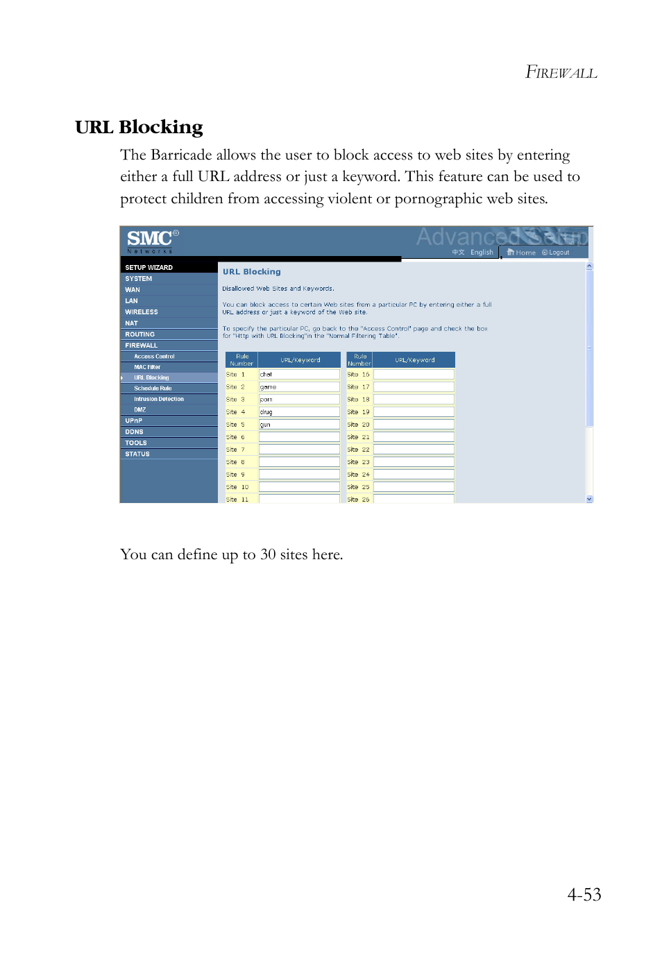 Url blocking, Url blocking -53, 53 url blocking | SMC Networks SMCWBR14S-N2 User Manual | Page 105 / 136