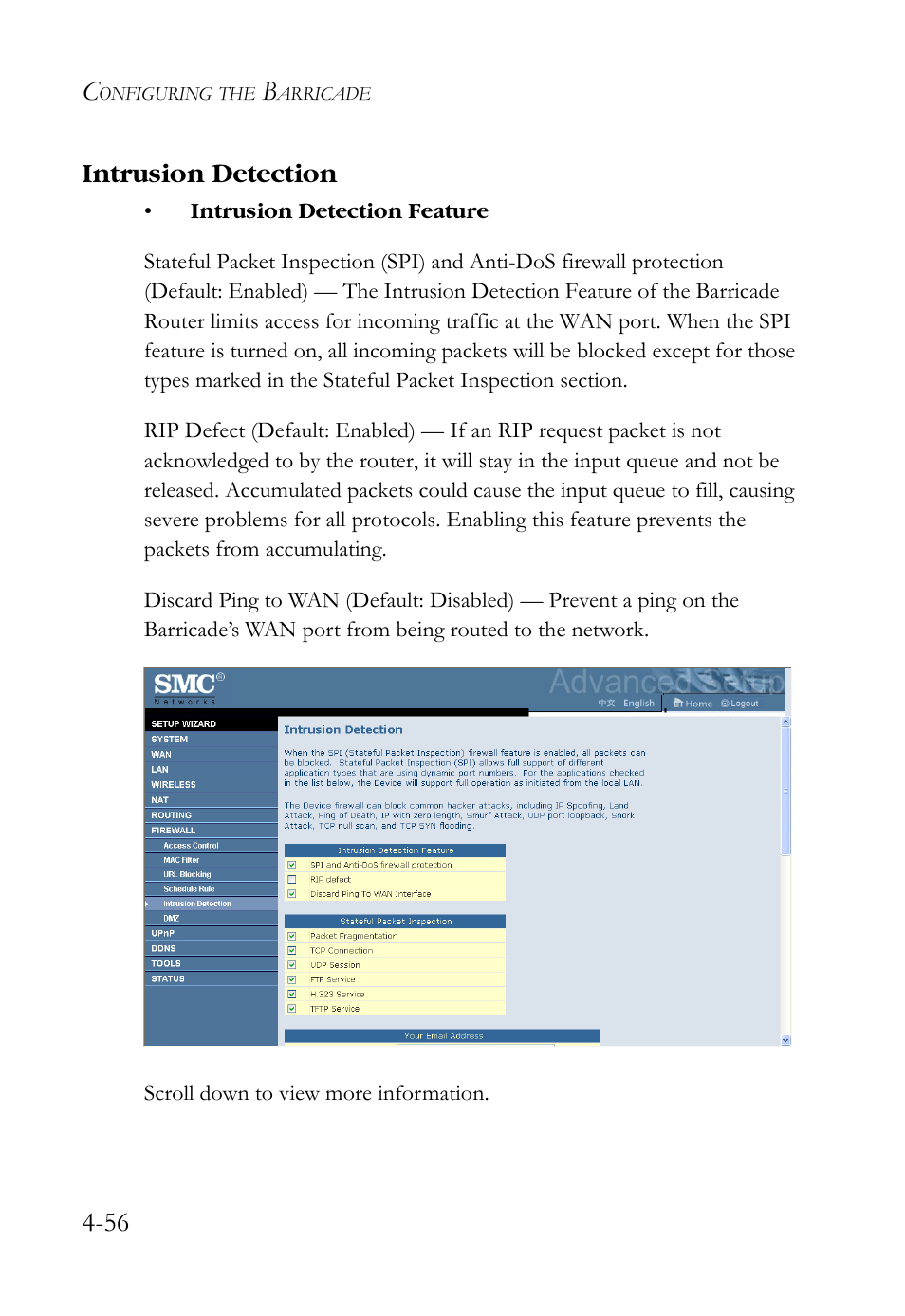 Intrusion detection, Intrusion detection -56, 56 intrusion detection | SMC Networks SMCWBR14S-N2 User Manual | Page 108 / 136