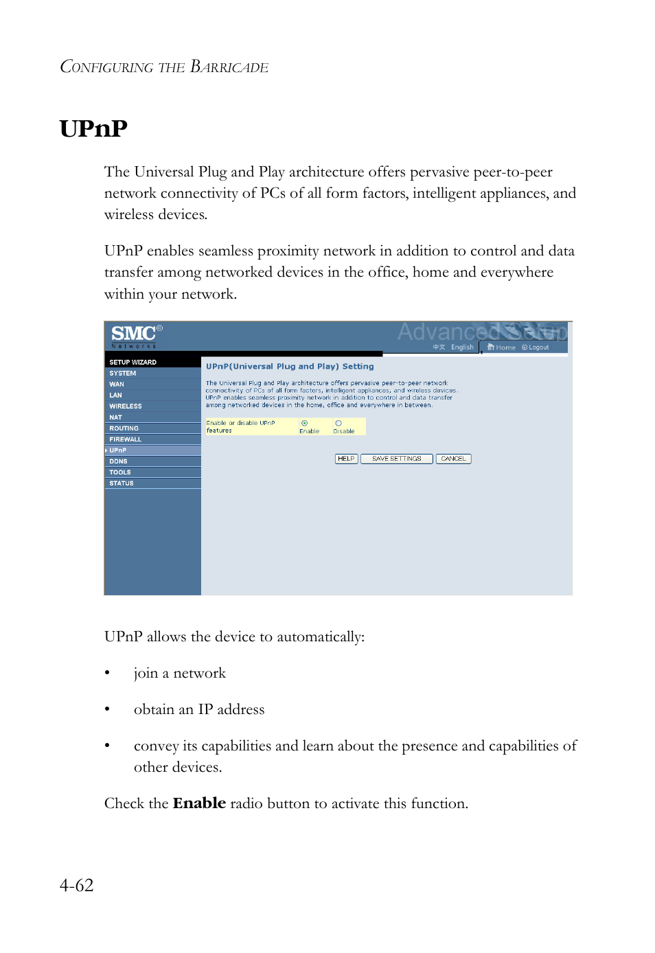 Upnp, Upnp -62 | SMC Networks SMCWBR14S-N2 User Manual | Page 114 / 136