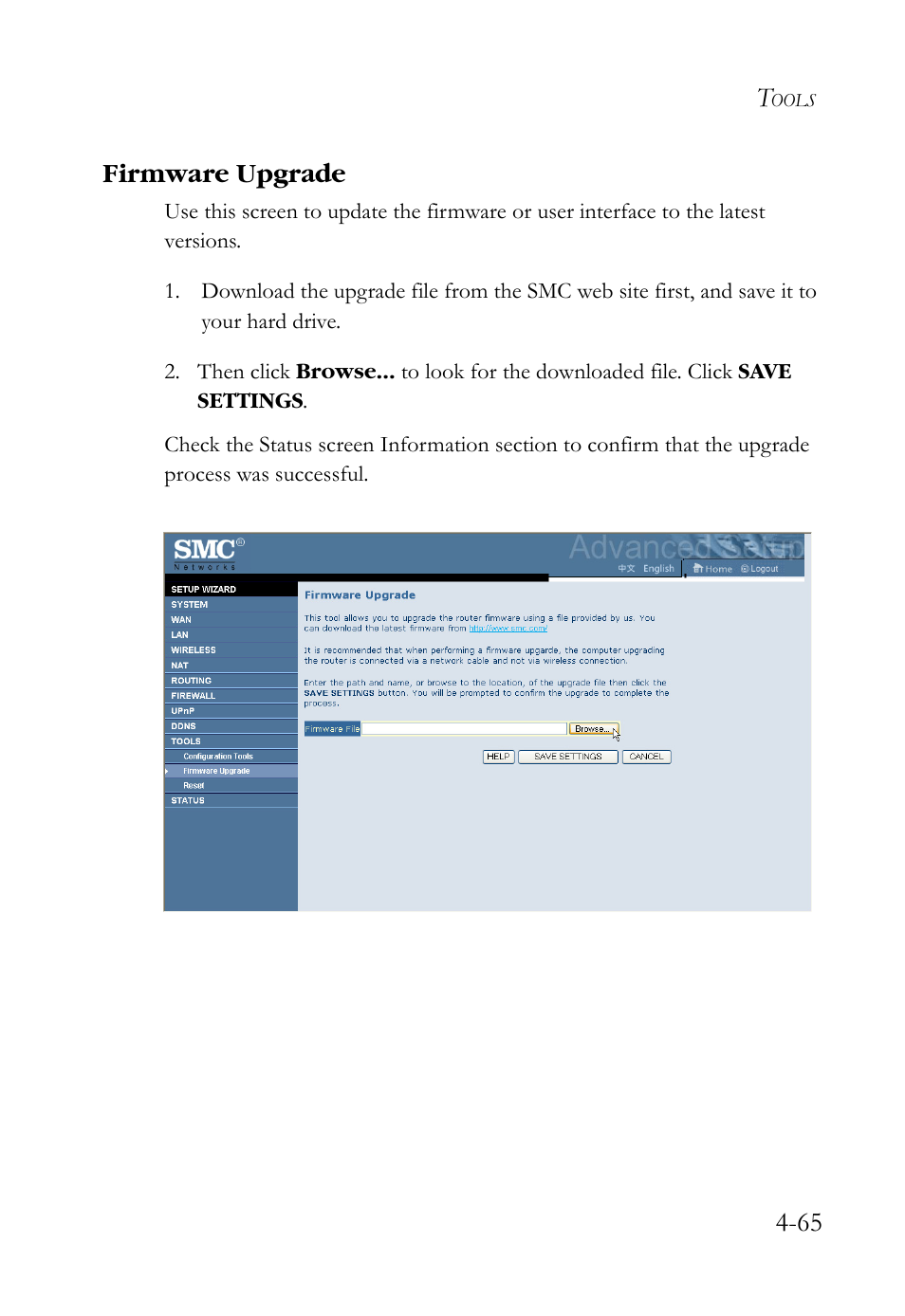 Firmware upgrade, Firmware upgrade -65, 65 firmware upgrade | SMC Networks SMCWBR14S-N2 User Manual | Page 117 / 136