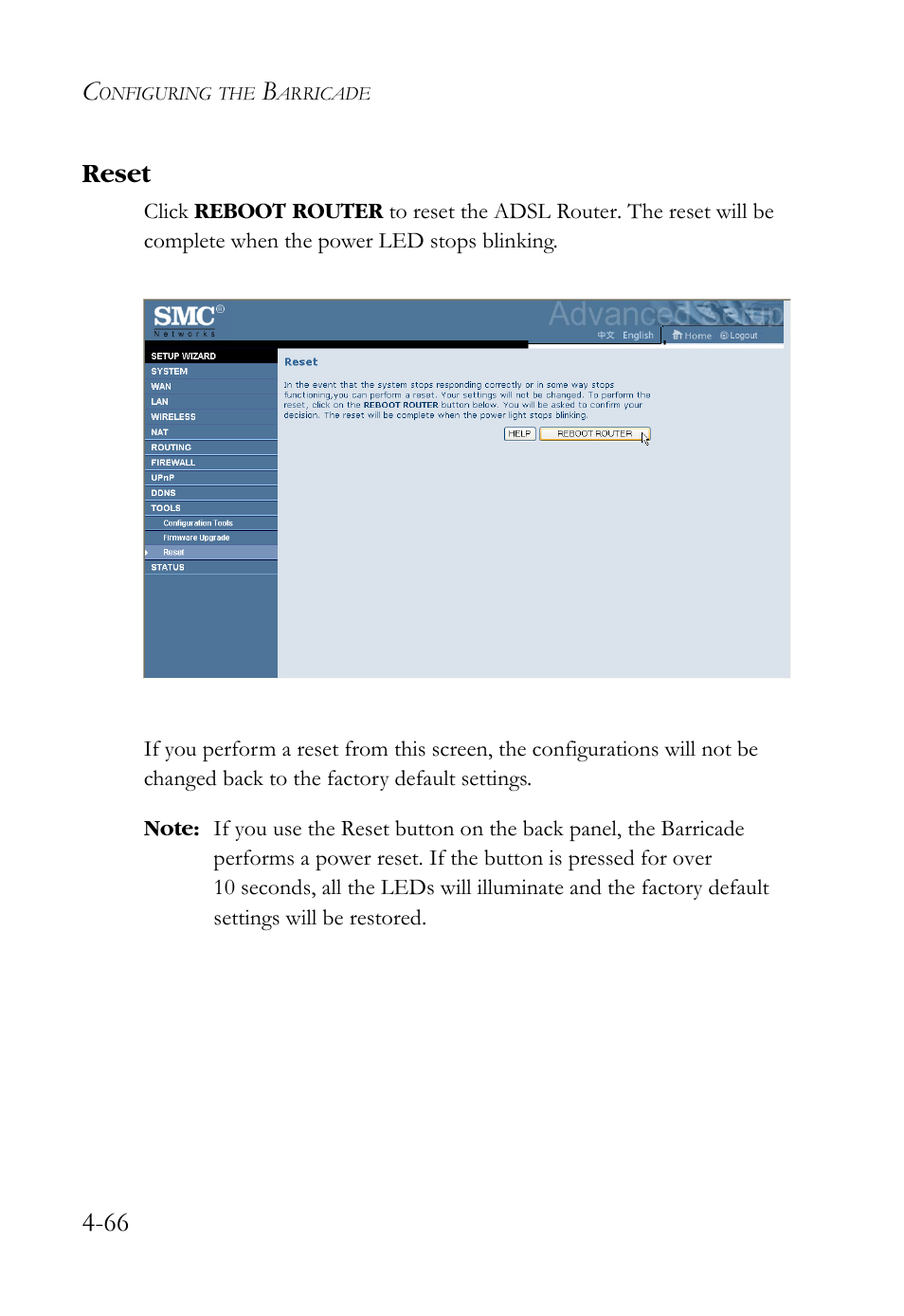 Reset, Reset -66, 66 reset | SMC Networks SMCWBR14S-N2 User Manual | Page 118 / 136