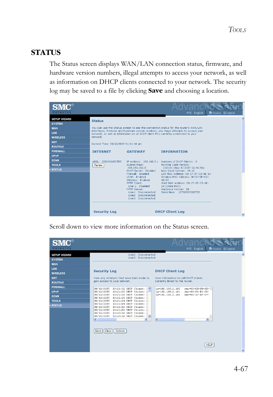 Status, Status -67, 67 status | SMC Networks SMCWBR14S-N2 User Manual | Page 119 / 136