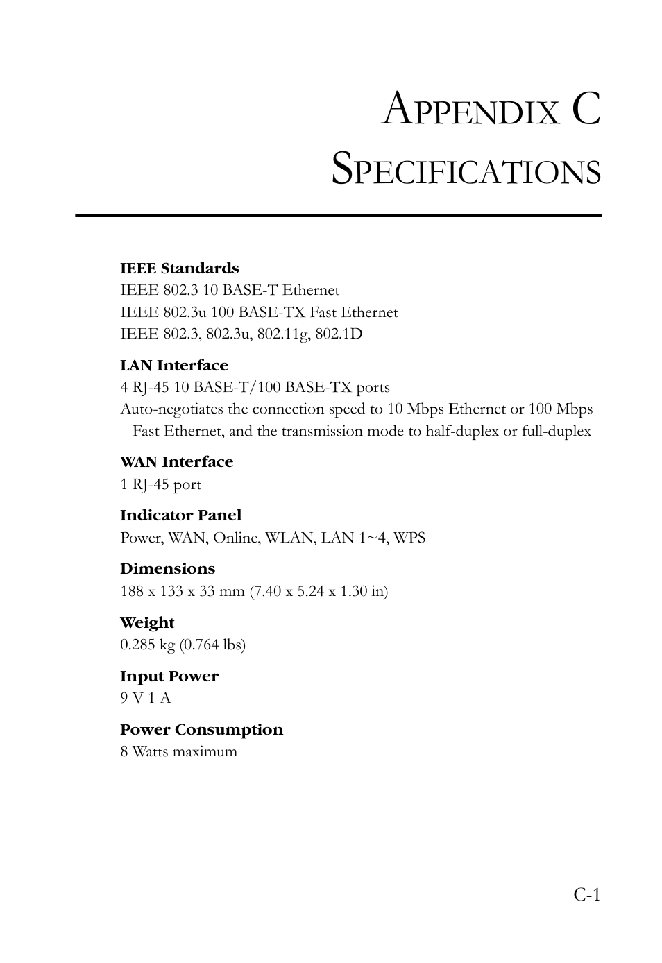 Appendix c specifications, Ppendix, Pecifications | SMC Networks SMCWBR14S-N2 User Manual | Page 133 / 136