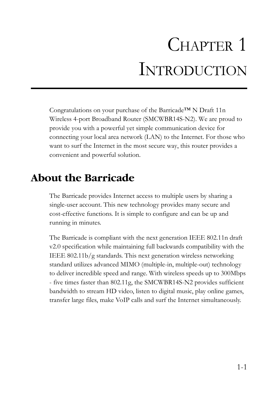 Chapter 1 introduction, About the barricade, Introduction -1 | About the barricade -1, Hapter, Ntroduction | SMC Networks SMCWBR14S-N2 User Manual | Page 23 / 136