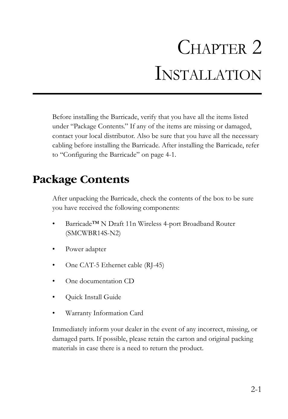 Chapter 2 installation, Package contents, Installation -1 | Package contents -1, Hapter, Nstallation | SMC Networks SMCWBR14S-N2 User Manual | Page 27 / 136