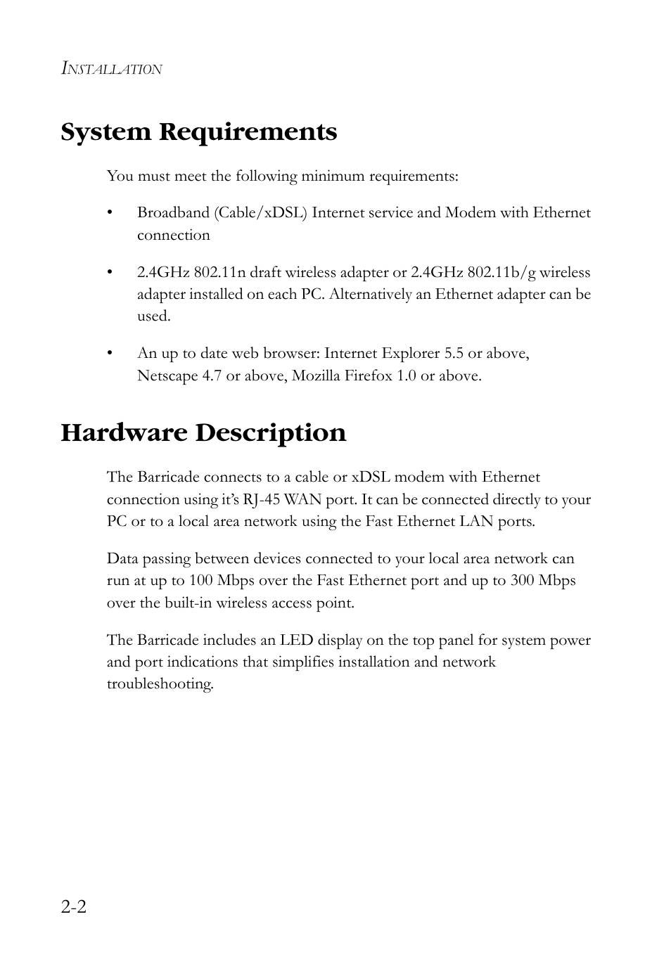 System requirements, Hardware description, System requirements -2 hardware description -2 | SMC Networks SMCWBR14S-N2 User Manual | Page 28 / 136