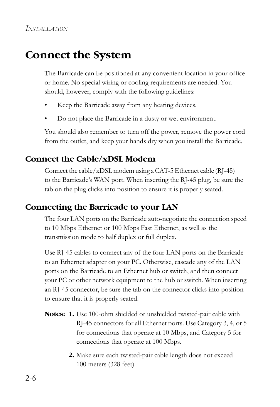 Connect the system, Connect the cable/xdsl modem, Connecting the barricade to your lan | Connect the system -6 | SMC Networks SMCWBR14S-N2 User Manual | Page 32 / 136