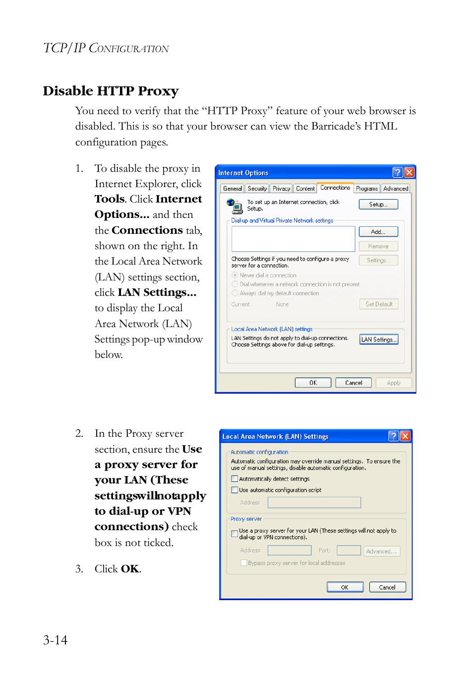 Disable http proxy, Disable http proxy -14, Tcp/ip c | SMC Networks SMCWBR14S-N2 User Manual | Page 48 / 136