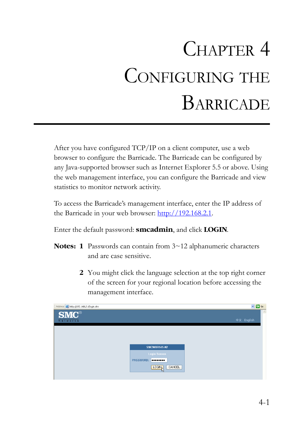 Chapter 4 configuring the barricade, Configuring the barricade -1, Hapter | Onfiguring, Arricade | SMC Networks SMCWBR14S-N2 User Manual | Page 53 / 136