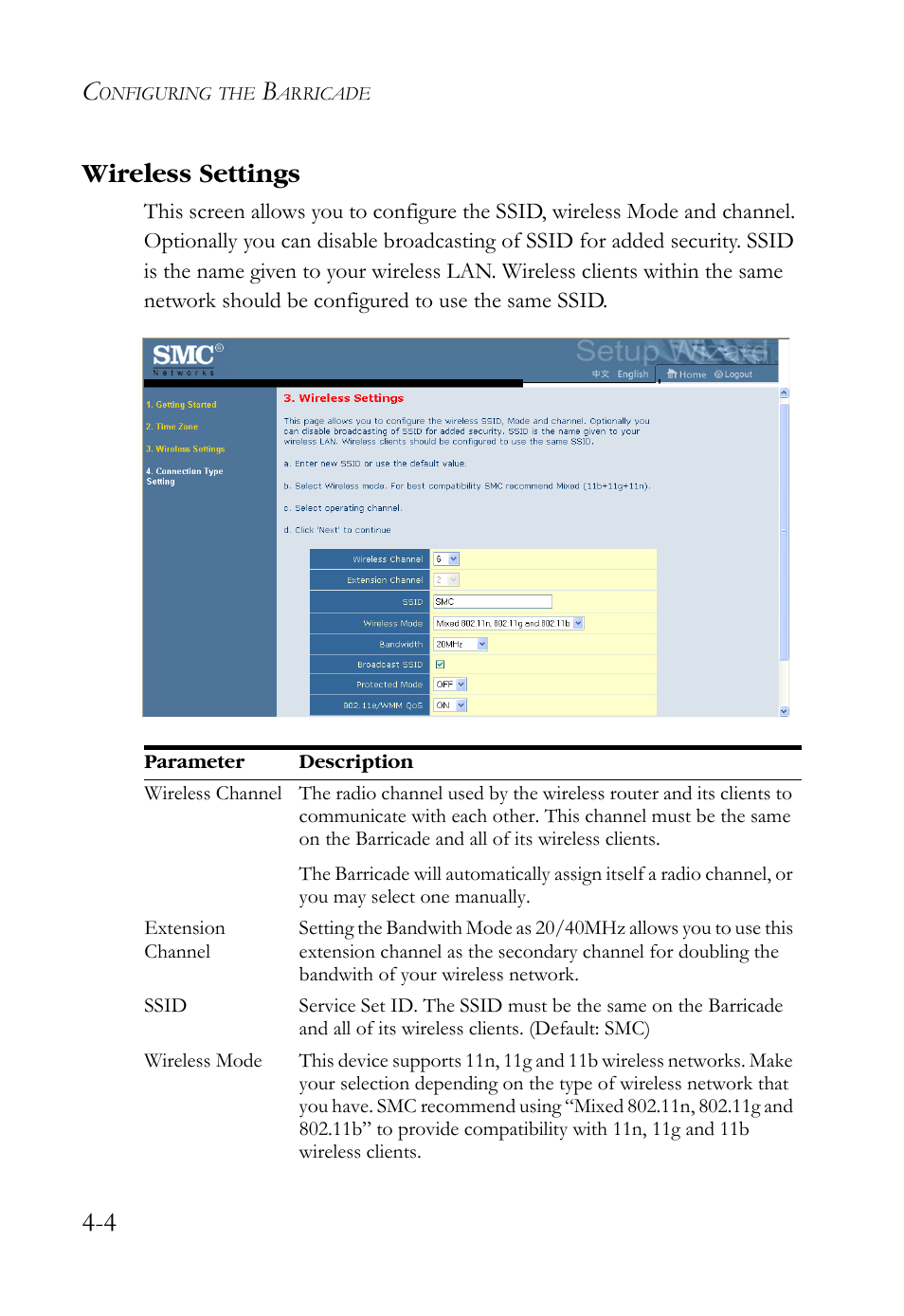 Wireless settings, Wireless settings -4, 4 wireless settings | SMC Networks SMCWBR14S-N2 User Manual | Page 56 / 136