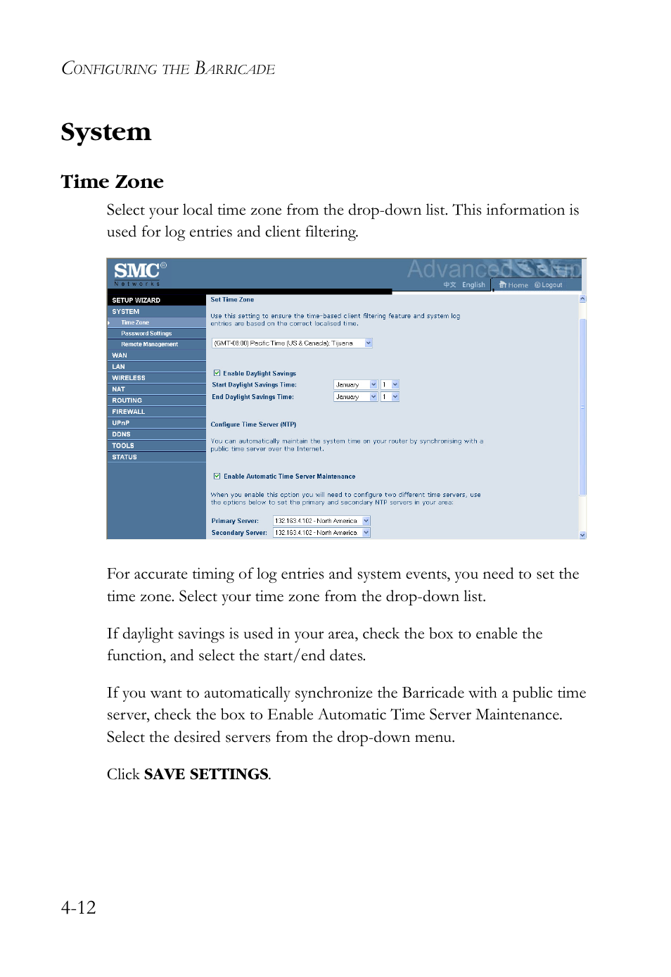 System, Time zone, System -12 | Time zone -12 | SMC Networks SMCWBR14S-N2 User Manual | Page 64 / 136