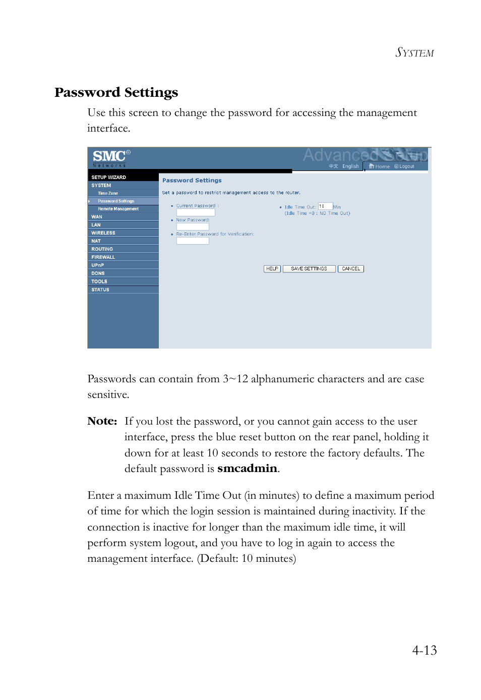 Password settings, Password settings -13, 13 password settings | SMC Networks SMCWBR14S-N2 User Manual | Page 65 / 136