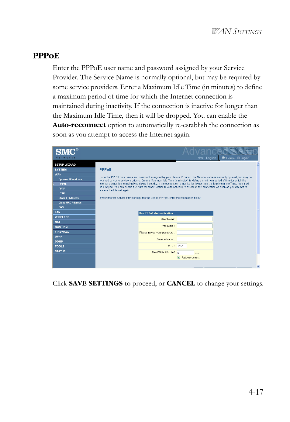 Pppoe, Pppoe -17, Wan s | 17 pppoe | SMC Networks SMCWBR14S-N2 User Manual | Page 69 / 136