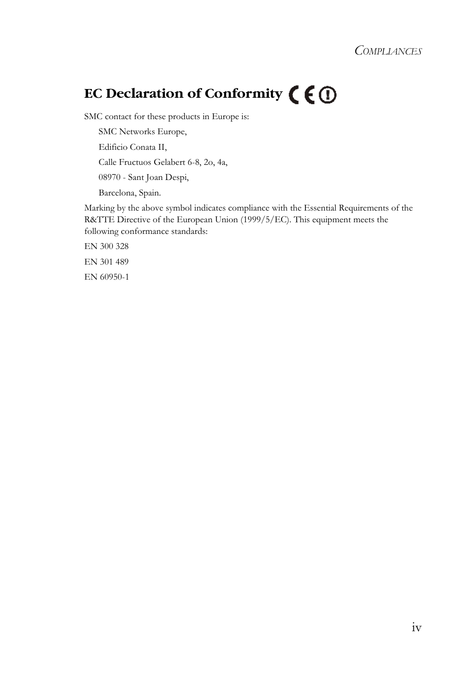 Iv ec declaration of conformity | SMC Networks SMCWBR14S-N2 User Manual | Page 7 / 136