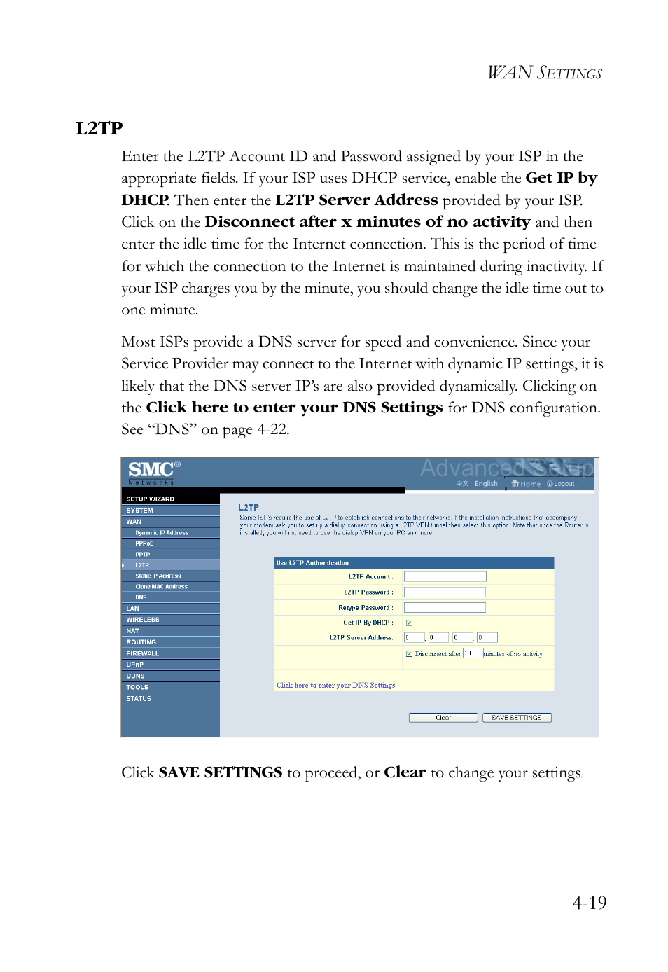 L2tp, L2tp -19, Wan s | 19 l2tp | SMC Networks SMCWBR14S-N2 User Manual | Page 71 / 136