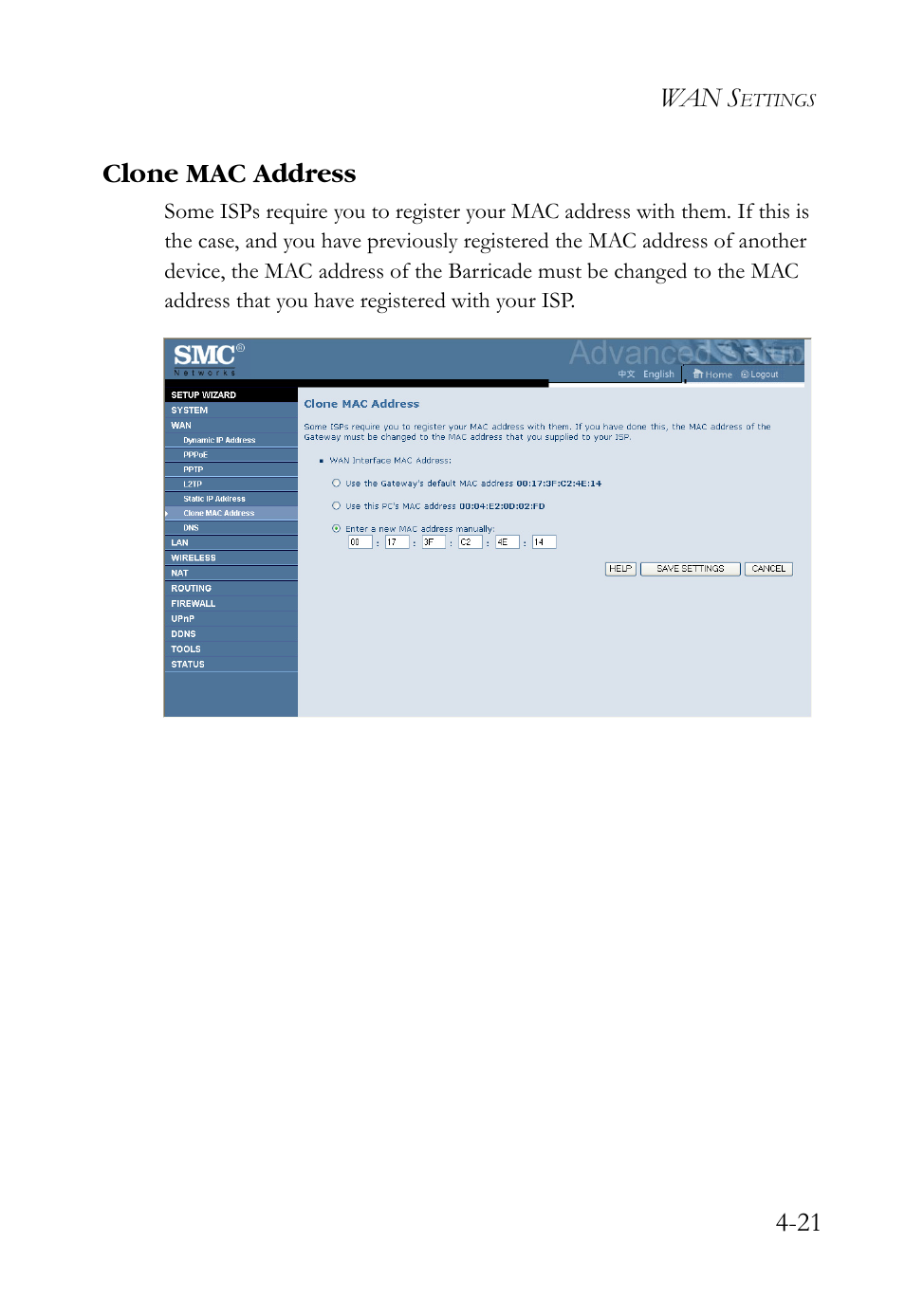 Clone mac address, Clone mac address -21 | SMC Networks SMCWBR14S-N2 User Manual | Page 73 / 136