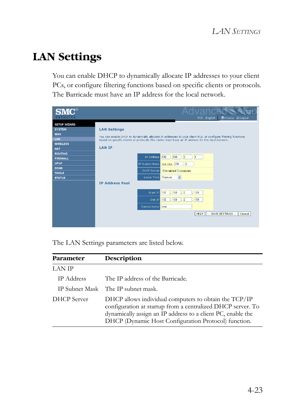 Lan settings, Lan settings -23, Lan s | SMC Networks SMCWBR14S-N2 User Manual | Page 75 / 136