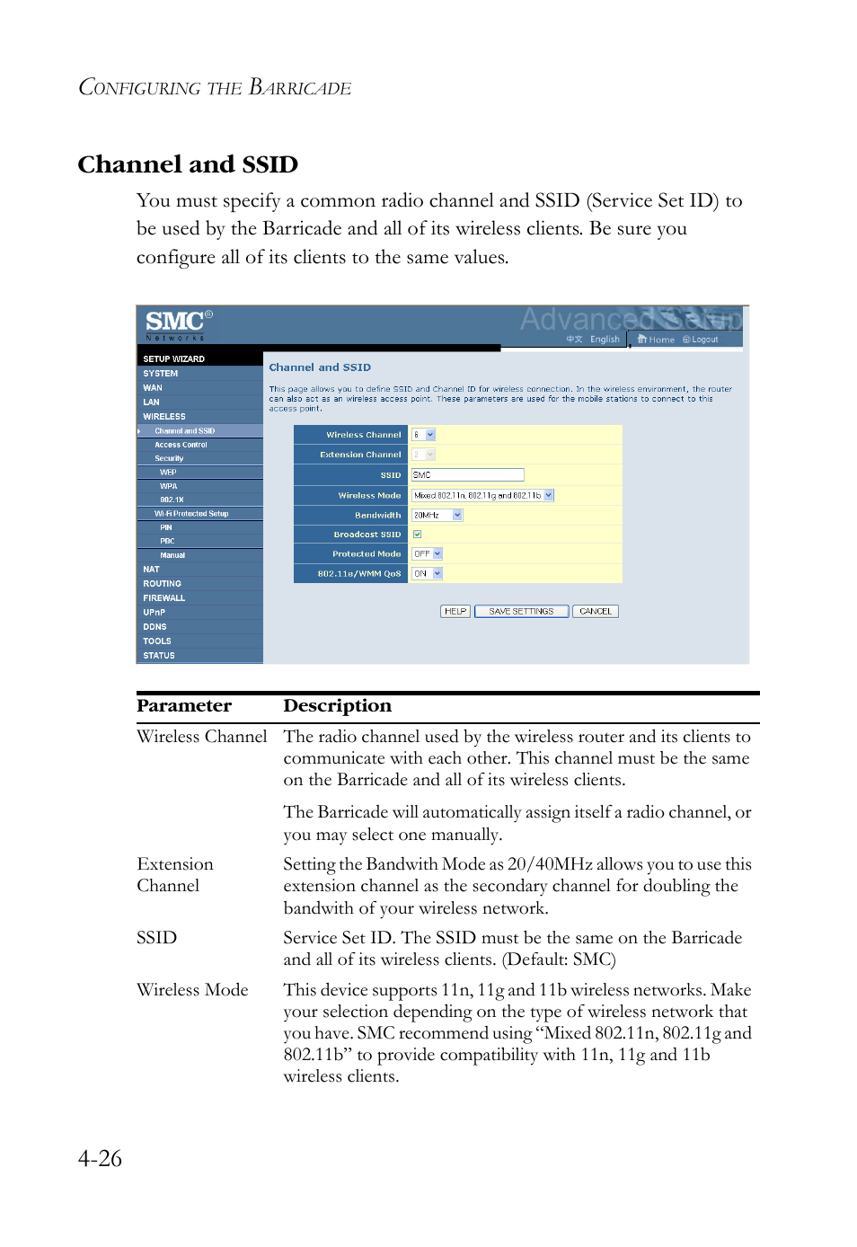 Channel and ssid, Channel and ssid -26, 26 channel and ssid | SMC Networks SMCWBR14S-N2 User Manual | Page 78 / 136