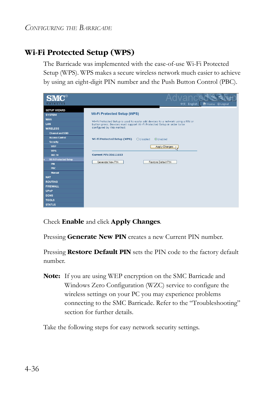 Wi-fi protected setup (wps), Wi-fi protected setup (wps) -36, 36 wi-fi protected setup (wps) | SMC Networks SMCWBR14S-N2 User Manual | Page 88 / 136