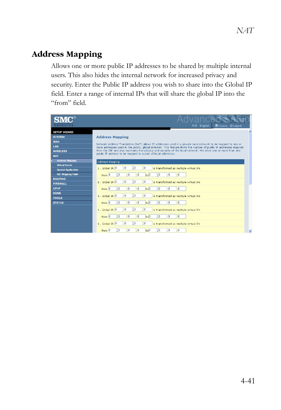 Address mapping, Address mapping -41, Nat 4-41 address mapping | SMC Networks SMCWBR14S-N2 User Manual | Page 93 / 136